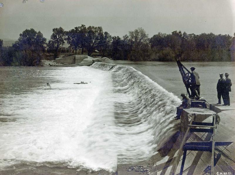Crocker-Huffman Diversion Dam on Merced River After Construction, 1910