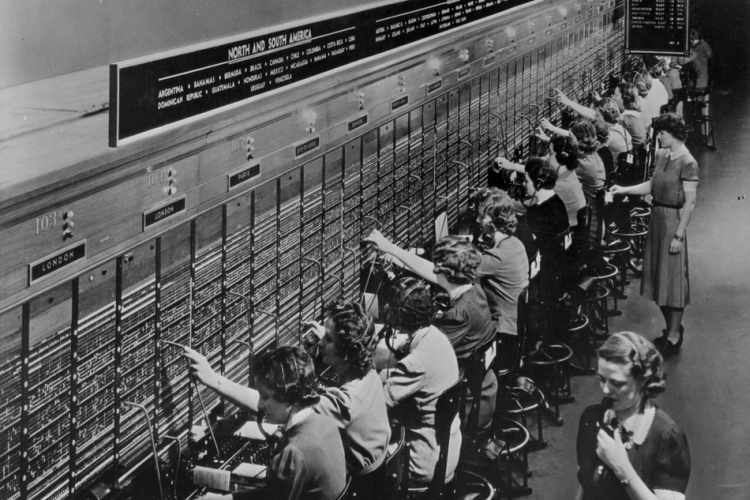 Switchboard operators direct overseas calls, December 1943.