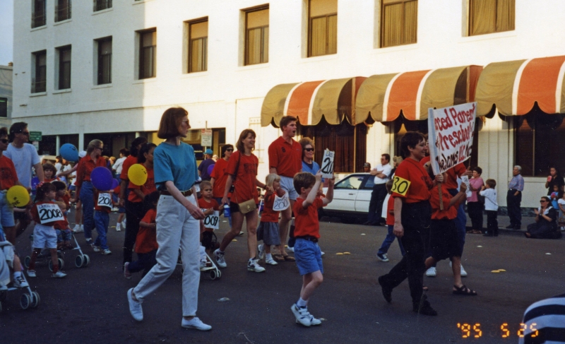 Future UC Merced  Students Marching on M Street to celebrate the selection of Merced for the 10th UC Campus, May 25, 1995 (Bob Carpenter Collection)