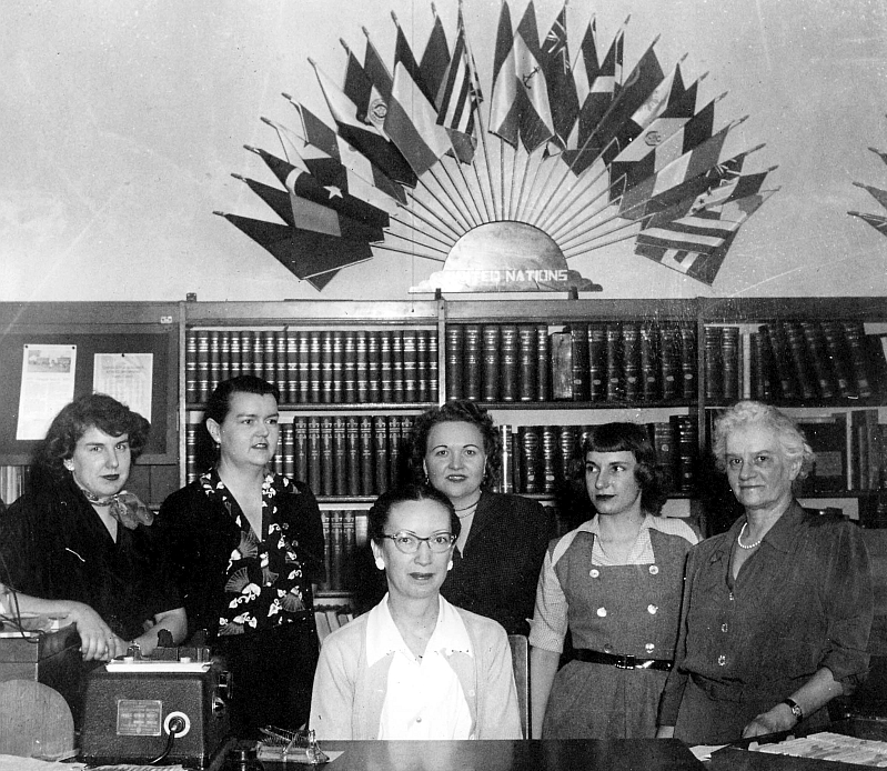 Library Staff, circa 1950-Rosena Broadstock, Doris Cochran, Euda Norris Lyons (seated), Angie Hopkins, Lois (no last name), and Minette Stoddard